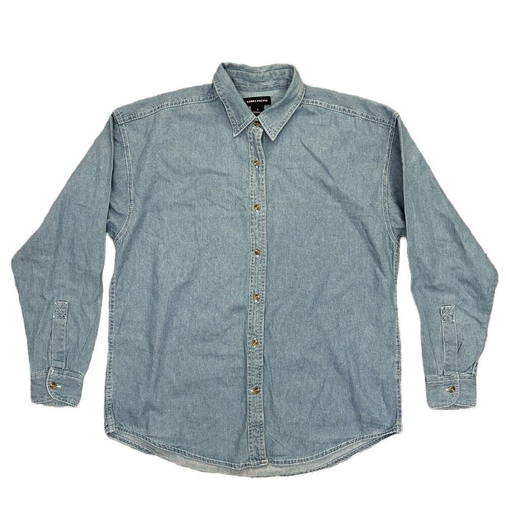 Sierra Pacific Women's Long Sleeves Button Up Denim Shirt Size L Blue Cotton GUC